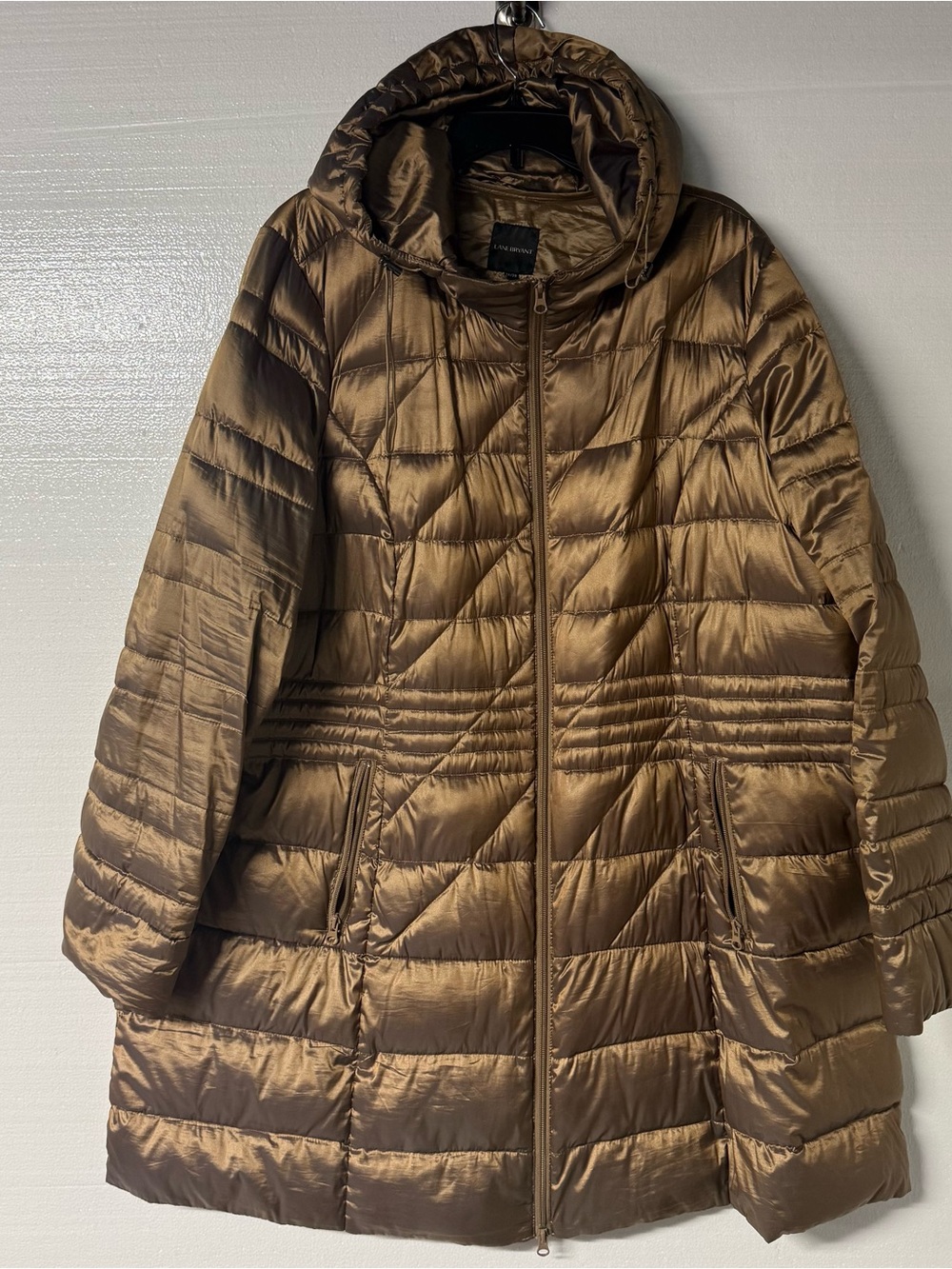 Lane Bryant Women’s 26/28 Metallic Bronze Hooded Puffer Coat Longline Plus Size